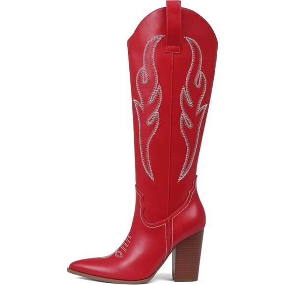 Women's Red Pu Rhinestones Embroidered Pointed Toe Chunky Heel Knee High Boots - Picture 7 of 7